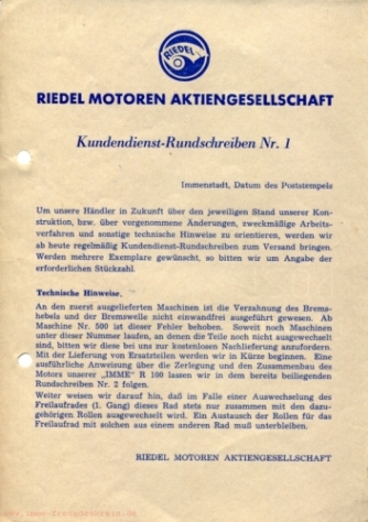 Kundendienst-Rundschreiben Nr. 1